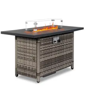 【Summervibes】43-inch Wicker Propane Fire Pit Table, Outdoor 50,000 BTU Propane Fire Pit, With Lid,&Wind Guard & Volcanic Stones, CSA Safety Certified, Suitable for Patios, Balconies, and Backyards.