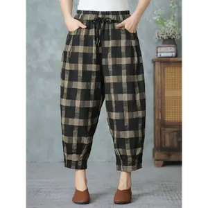 Women's Gingham Check Cropped Pants - Mid-Rise, Loose Fit, Drawstring Waist, Polyester-Cotton Blend Fabric, Multicolor, Casual Bottoms for All Seasons (Machine Washable)