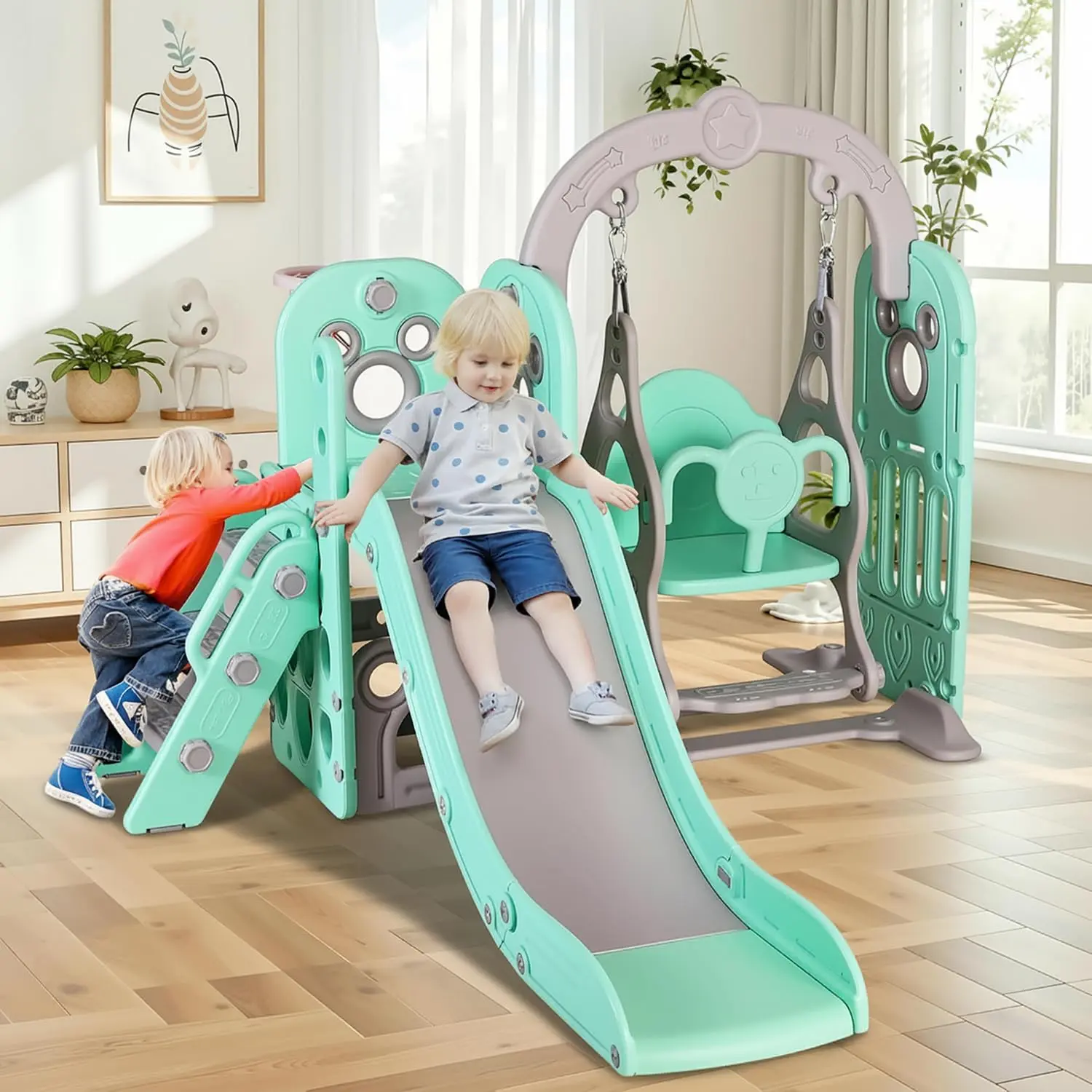 Arlopu Slide and Swing Set, Kids Slide with Climber, Storage Space, Basketball Hoop, Ball, Reinforced Suction Cup, Indoor Outdoor Playground, Suitable, For Boys Girls Birthday Christmas Gift, summerwins