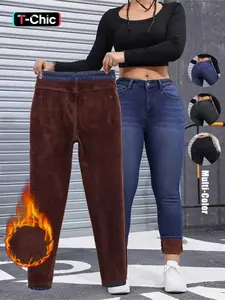 Women's Fleece-Lined Thermal High Waist Jeans Pants, Slim Fit Woven Denim for Fall & Winter Fitted