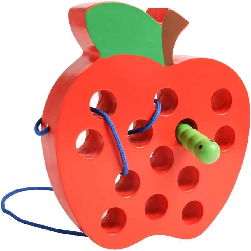 L-ITC131 Wooden Lacing Apple Threading Toys Wood Lace Block Puzzle Shape Travel Game Toys Early Learning Fine Motor Skills Educational Gift for 3 4 5 Years Old Toddlers Baby Kids Boys