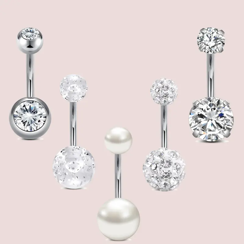 Stainless Steel Cz Belly Ring Set, Belly Button Piercing, Body Piercing Jewelry, Body Jewellery, 5 Counts Navel Piercing Jewelry, Elegant Design for Women and Girls, Perfect Gift for Holidays