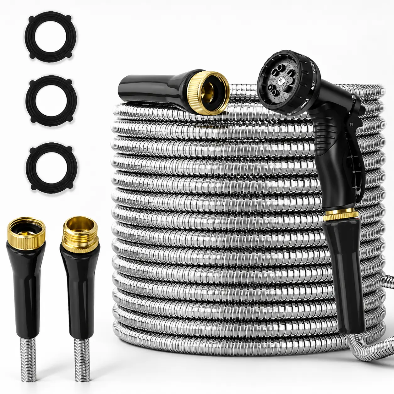 100 ft Heavy-Duty Stainless Steel Kink-Free Garden Hose with 10-Function High-Pressure Multi-Spray Nozzle, 3/4-Inch Brass Connectors, Lightweight Flexible Hose for Watering for Garden, Outdoor Cleaning