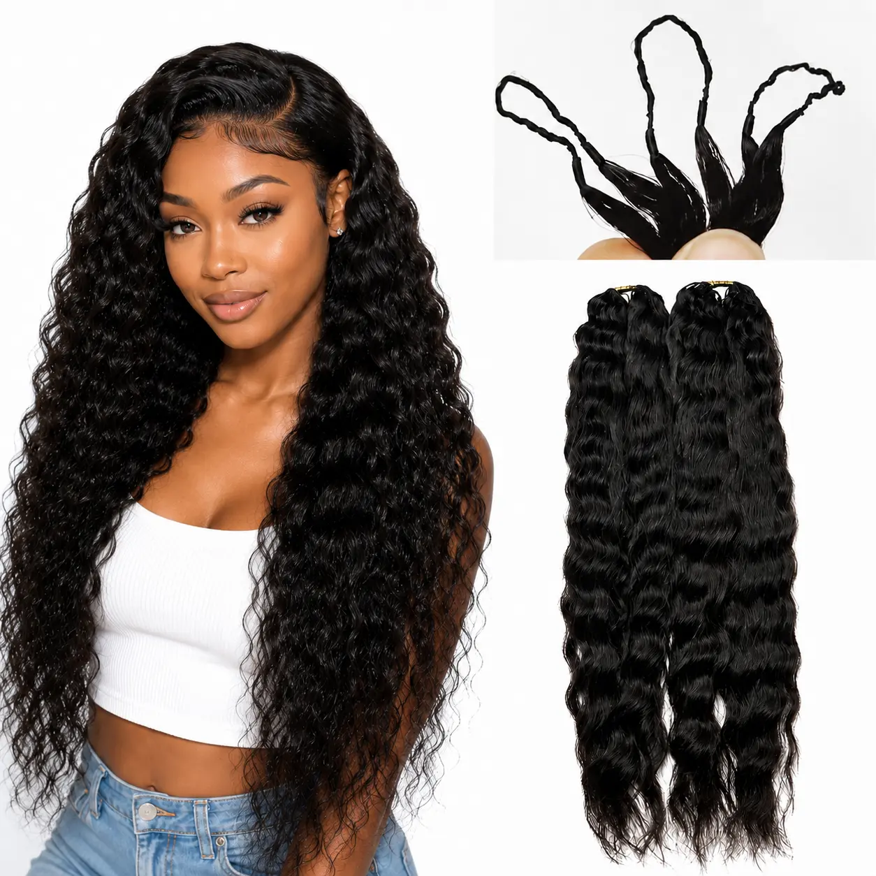 Wet and Wavy Crochet Human Hair Extensions Pre-separated Feather Crochet Water Wave Natural Color Knotless Installation Seamless Finish Invisible String Design