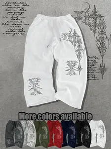 Men's Loose-Fit Graphic Pants, Drawstring Waist Long Pants, Streetwear Style, Casual Everyday Wear, Must-Have for Men's Closet