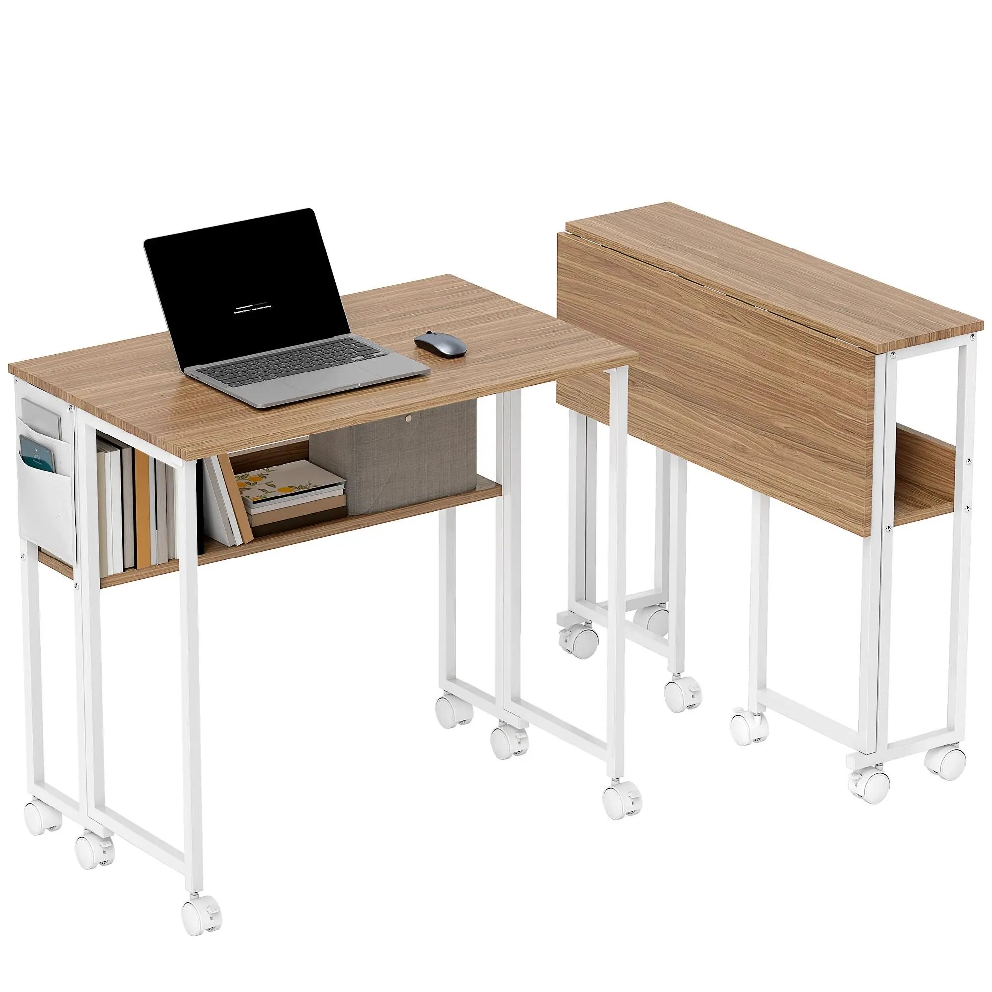 Mobile Foldable Desk  Drop Leaf Writing Desk Natural Wood 31.5x19 7x29.5 Inch Folds To 8.3 Inch Wide 6 Wheels Rolling Computer Desk For Small Space Apartment