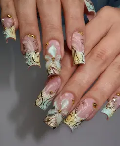 Handmade Flower Green Pink Press On Nails, 3D Blooms Nail Art