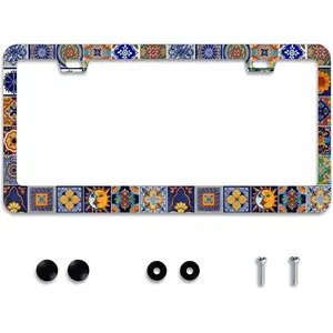 Personalise Mexican Tiles License Plate Frames Mandala Boho License Plate Frame Car Universal Stainless Steel Accessories Cars Decorative 2 Holes Screws Fits Standard US Vehicles Size 12.2 x 6 Inches