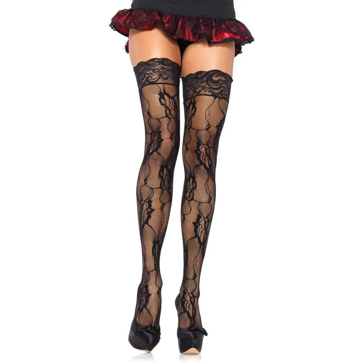Women's Romantic Thigh-High Lingerie Stockings - Rose Motif, Lace Detailing, Floral Hosiery Fabric, Snug Leg Fit for Dresses, Heart-Accented Design, Love, Sexy, Hearts, Floral Lace, Heart Accent