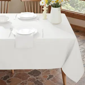 Faux Linen Rectangle Tablecloth, 200GSM  Washable Textured Woven Table Cloth, Fabric Table Cover for Dining, Party, Wedding, Indoor Outdoor (52 x 70 Inch Rectangular, White)