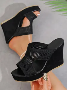 Summer Outdoor High Heel Wedge Sandals, Thick Sole Waterproof Platform Flip Flops, Open Toe Fish Mouth Slippers, Large Size Women's Shoes, Footwear