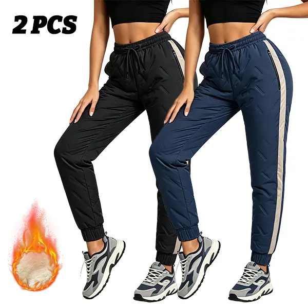 Ladies Thermal Insulated Quilted Joggers 2-Piece Bundle, Full Lamb Fur Lining For Freezing Cold Weather, Secure Zip Side Pockets Prevent Item Loss, Ribbed Ankle Cuffs Block Cold Wind, Ideal For Skiing, Daily Walks And Winter Commutes