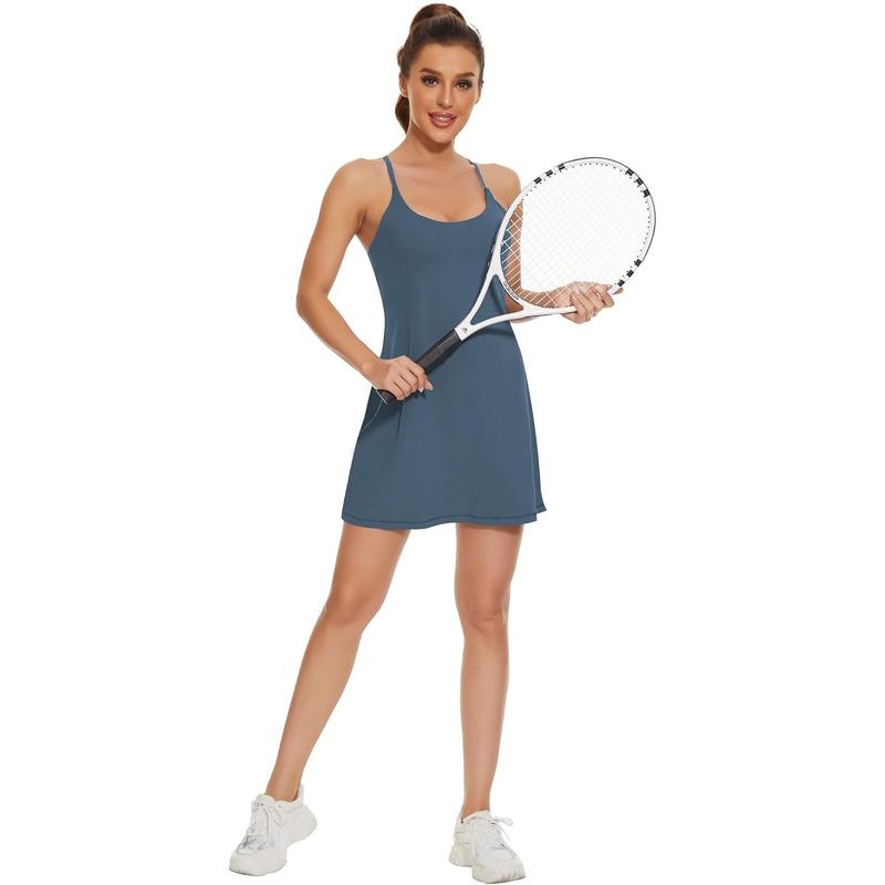 Womens Tennis Dress, 2-in-1 Golf Workout Dress with Built-in Bra & Shorts Pockets, Athletic Dresses with Adjustable Strap