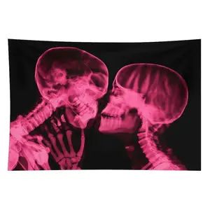 Romantic Skull Kiss Tapestry, Neon Pink Polyester Home Accessory with Stitched Edges, Large Washable Wall Hanging for Bedroom Home Decor, summerwins,summerwins Spooky