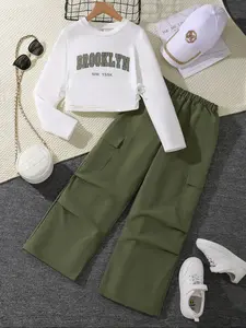 Girls' Letter Print Long Sleeve Top & Army Cargo Pants Set, Girl Clothes School, Casual Fall Winter, Fitted Woven Fabric, Daily Wear