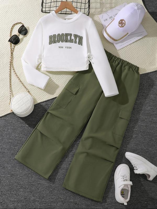 Girls' Letter Print Long Sleeve Top & Army Cargo Pants Set, Clothes, Casual Fall Winter, Fitted Woven Fabric, Daily Wear