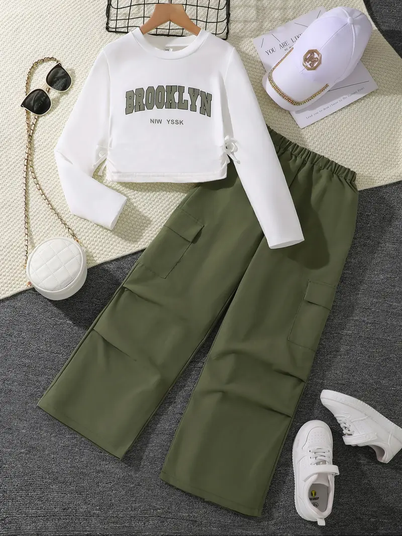 Girls' Letter Print Long Sleeve Top & Army Cargo Pants Set, Clothes, Casual Fall Winter, Fitted Woven Fabric, Daily Wear