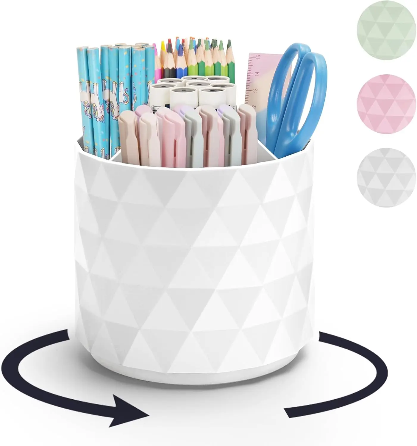 White Large 360° Rotate PP Plastic Desk Organizer - 5 Compartments, Smooth Edge, Synthetic Sparkling-Like Pen Holder, Modern Storage Organizer for Office Use