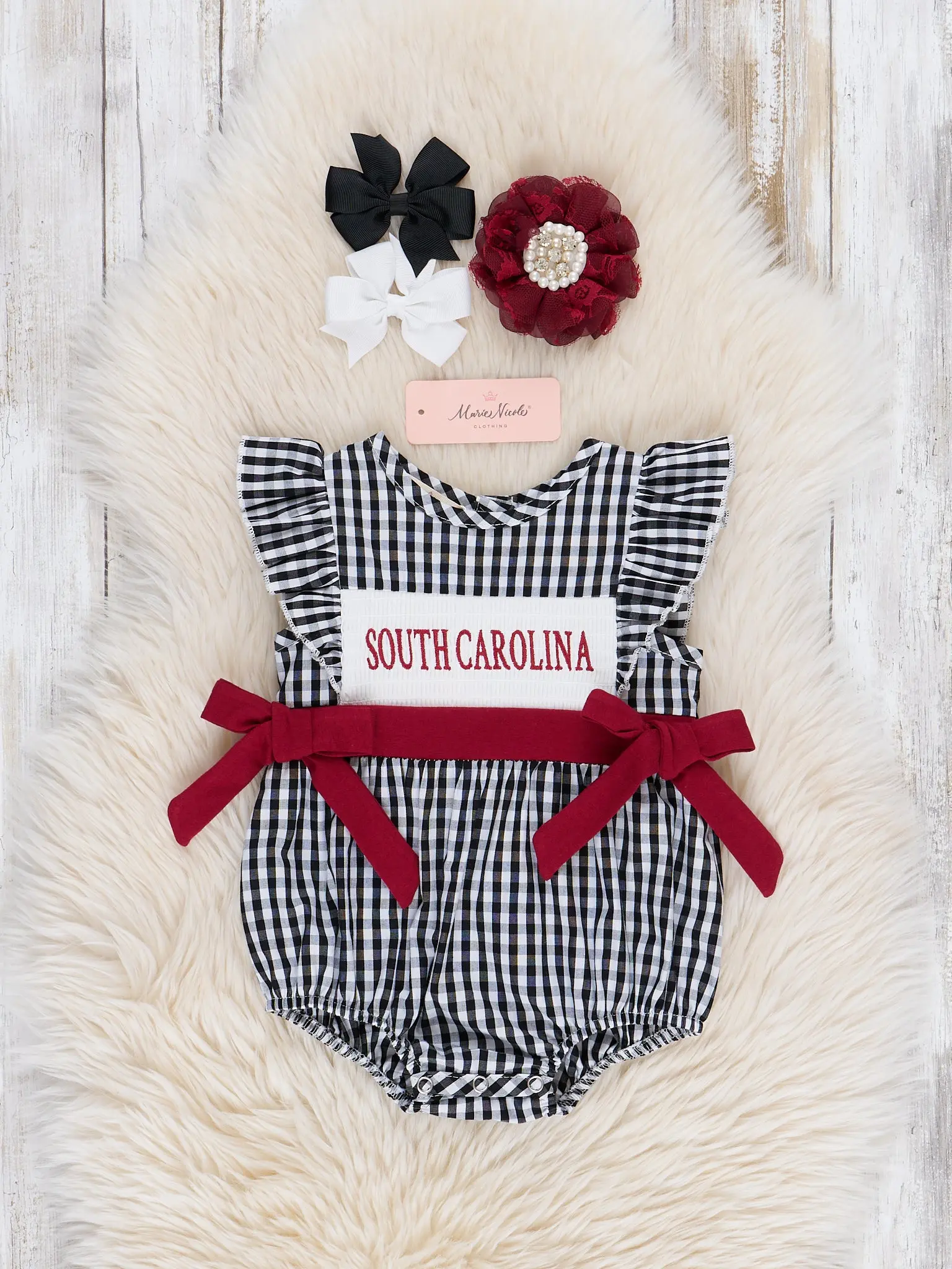 South Carolina Smocked Gingham Bubble Romper