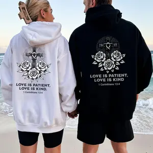 Christian Couple Hoodie 2 Sided Unisex, 1 Corinthians 13:4 Love Verse  Graphic Hooded Sweatshirt, Faith Inspired Matching Outfits For Couples, Religious Gift For Men For Women, Honeymoon Wedding Pullover