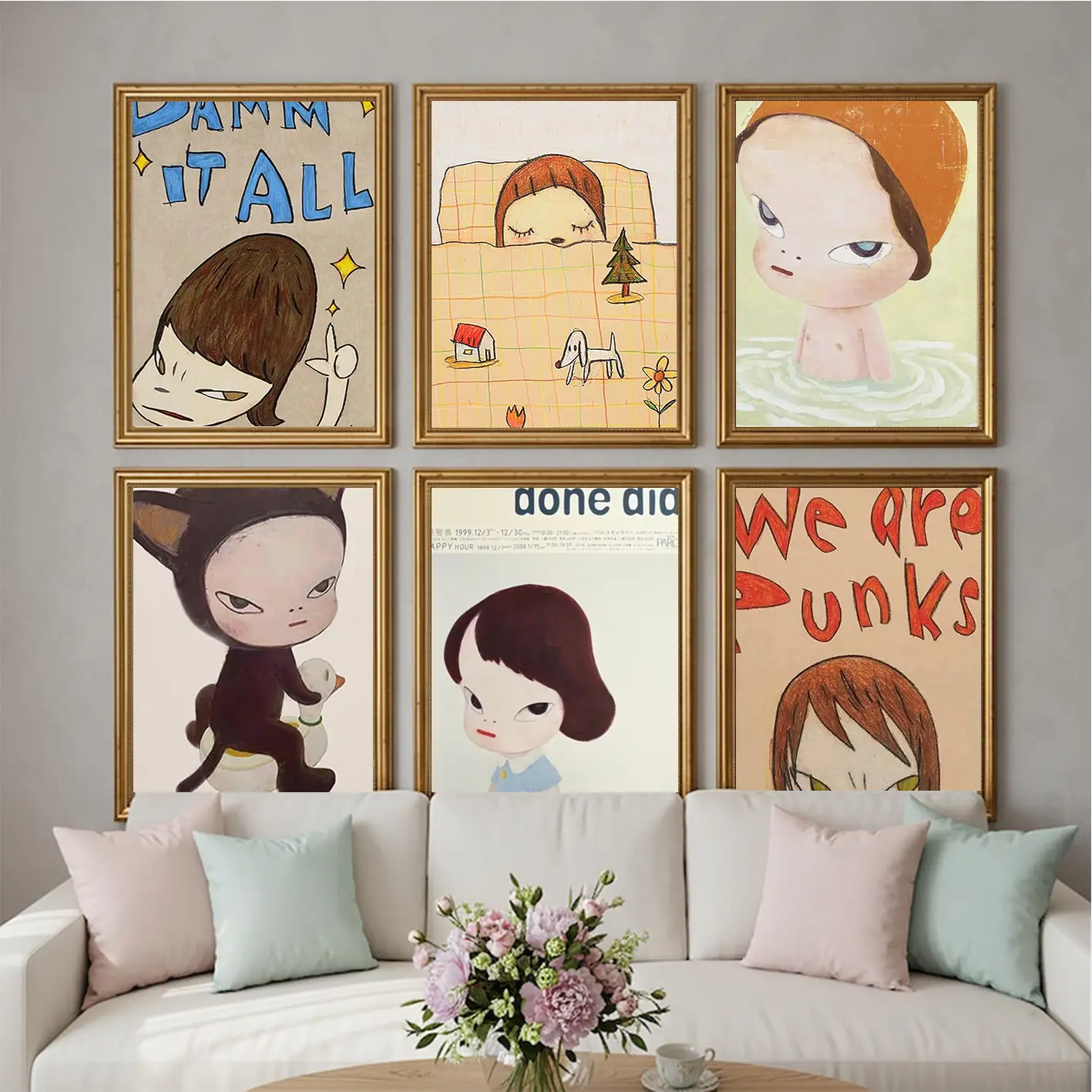 Vintage Yoshitomo Nara Sleeping Girl Canvas Wall Art Posters, Minimalism Cartoon Classic Prints with House Flowers & Animal Aesthetics, Home Goods for Vintage Home Decor, Bedroom Dorm Decor Inspo, Whimsical Room Decor