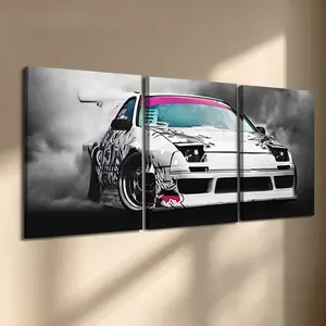 3 Pcs/Set Wooden-Framed Canvas Painting Car Pattern, Drift Car Triptych Canvas Wall Art, White Tuner Car with Smoke & Pink Accents Print for Living Room, Bedroom & Man Cave, Garage, Office Decoration, Modern Home Decor, Fashion Artistic Ornaments, Artwork