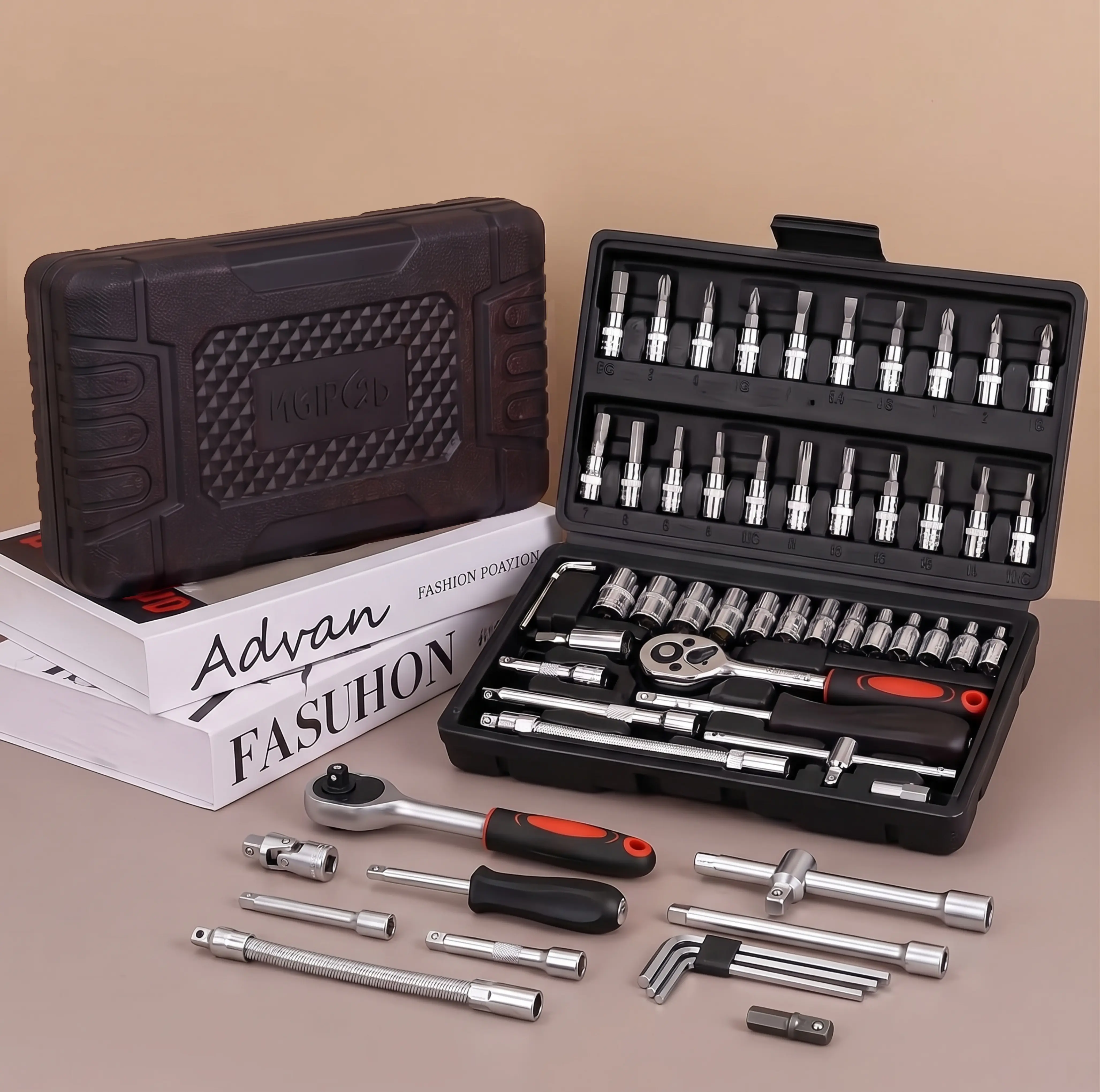 【Summer Vibes】A set of 46 multi-purpose manual toolboxes, socket and wrench kits for car and mechanical maintenance, durable, battery-free, including screwdriver heads, hex wrenches, and tool storage boxes tool box  father'day gifts