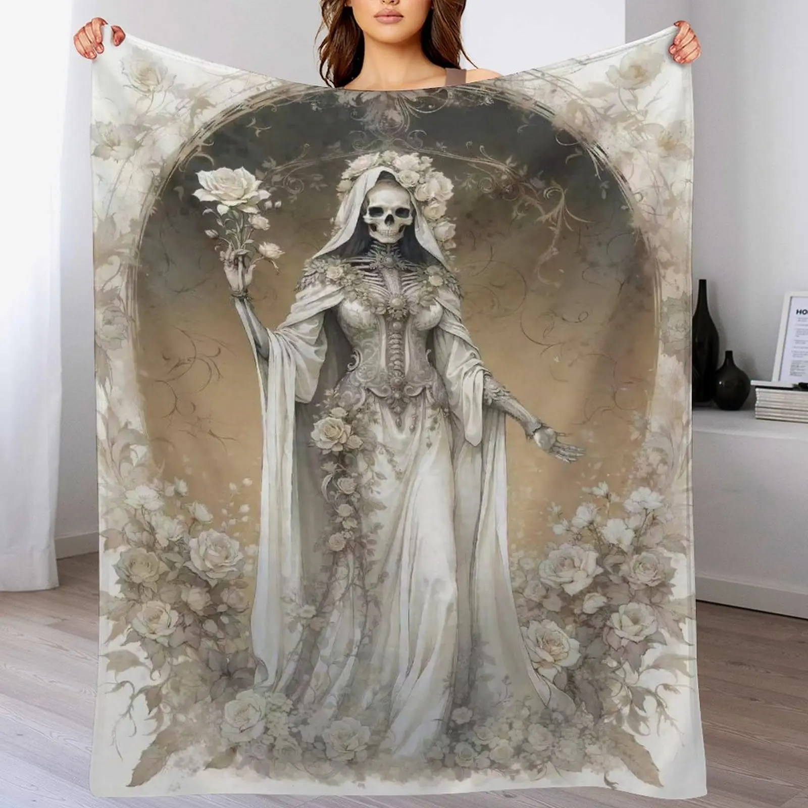 Gothic Pattern Soft Plush Blanket - Ethereal Skeleton Bride, Rose Crown Santa Muerte, Grim Reaper - Art Graphic, Halloween Graphic, Rose, Skull Blankets for Living Room, Day of the Dead Spiritual Gift, Goth Home Decor Altar Cloth, Art Graphic Blankets, Ha