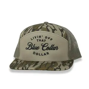 Livin Off That Blue Collar Dollar Hat - Camo Trucker Cap with Mesh Back and Leather Patch