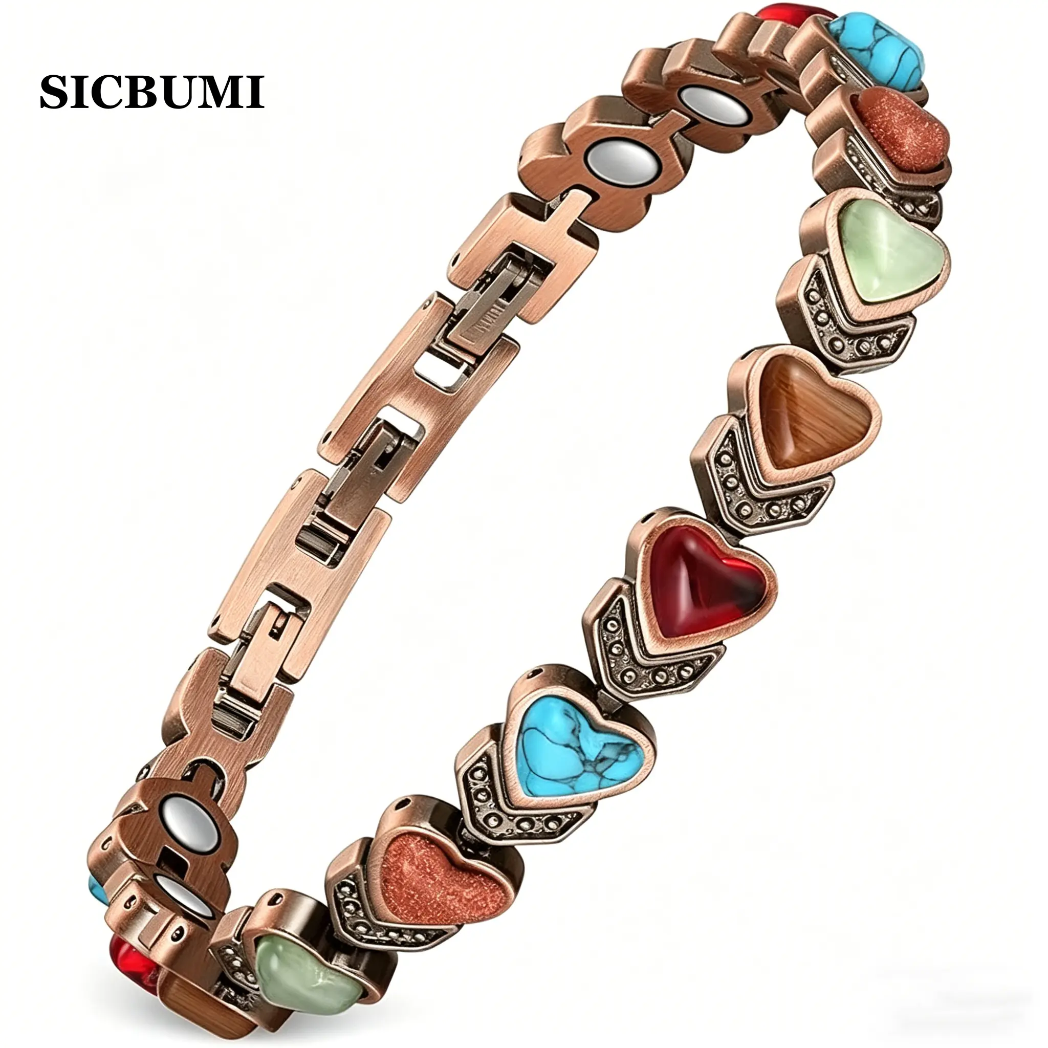 Sicbumi Women's Pure Copper Magnetic Stacked Bangle - Warm Tone, Classic Design, Natural Unique Gemstone, Turquoise Accents, Real Copper Jewelry, Ideal for Female Birthday Gifts