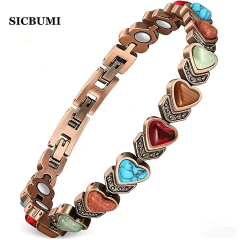 Sicbumi Women's Pure Copper Magnetic Stacked Bracelet - Warm Tone, Classic Design, Natural Unique Gemstone, Turquoise Accents, Ideal for Mother's Day, Anniversary Gift