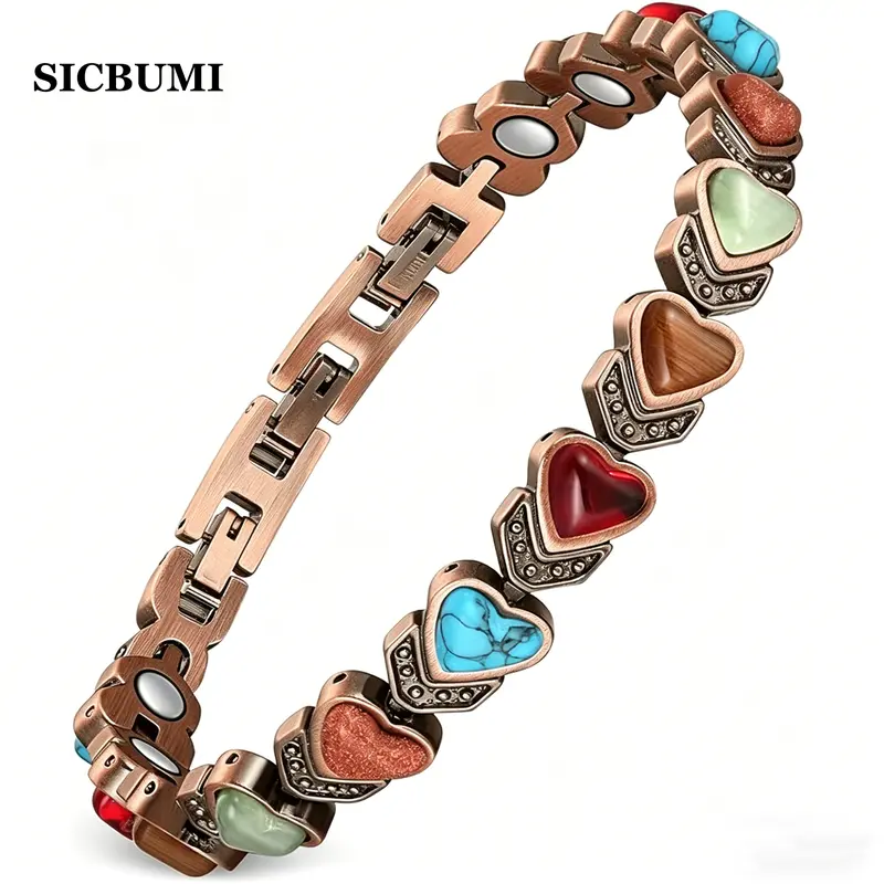 Sicbumi Women's Pure Copper Magnetic Stacked Bracelet - Warm Tone, Classic Design, Natural Unique Gemstone, Turquoise Accents, Ideal for Mother's Day, Anniversary Gift