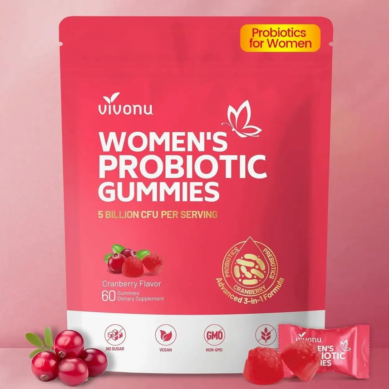 VivoNu Probiotics for Women, Women Probiotic Gummies, 500 Million CFUs, Fiber | Feminine Balance Gummies for Healthy Odour, Digestive Support and Gut Health + Vitamin C for Immune Support - 60 Gummies