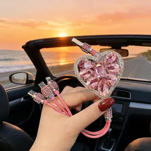 Girly Sparkle Heart 3-in-1 Charger – Fast Charge Multi-Device Cable, Sparkly Bling Heart Diamond / Rhinestone