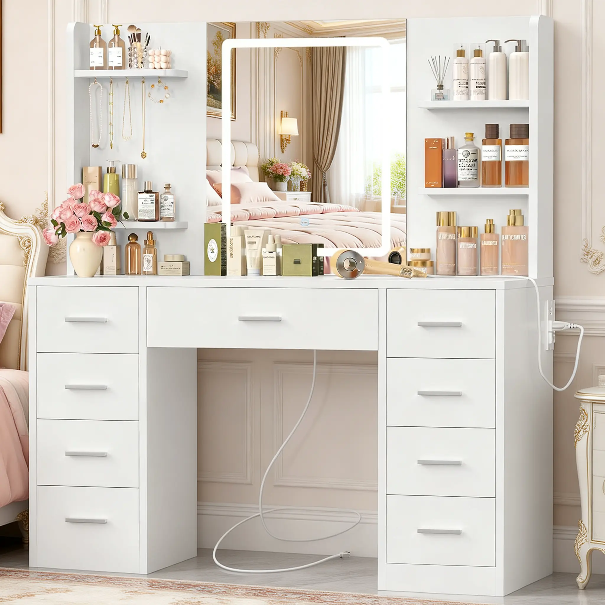 summergarden White 43" Full-Size Stand-Alone Dressing Table - Stylish LED Mirror Vanity with Power Station, 9 Drawers, 6 Open Shelves, Organizing Makeup, Daily Grooming, Indoor Bedroom Furniture, Assembly Required