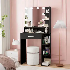 Makeup Vanity Desk with Mirror and Lights, 26.4”Small Vanity Mirror with Lights with Large Drawer and 6 Level Storage, Black Vanity with Large Led Mirror with 3 Color Lighting Modes (Black)