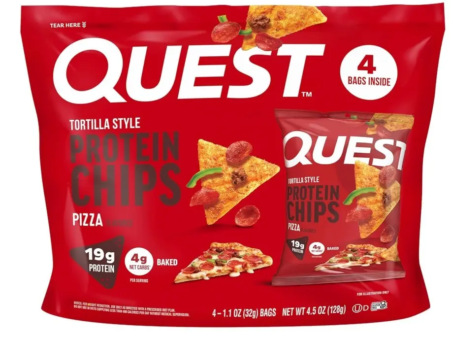 Quest Nutrition Pizza Tortilla Style Protein Chips, 19g Protein, 4g Net Carbs, High Protein Snack, Low Carb, Gluten Free, 1.01 oz bags, 4 Count
