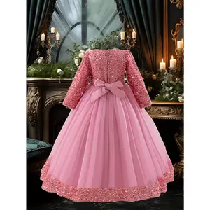 Autumn/Winter Children's Wedding Dress, Flower Girl Tulle Skirt with Sequins and Floral Embellishments, Long-Sleeve Princess Gown for Performances, High-End Kids' Party Dresses, Birthday Recital Outfits, Festive Occasion Wear, Teen Girls' Pageant