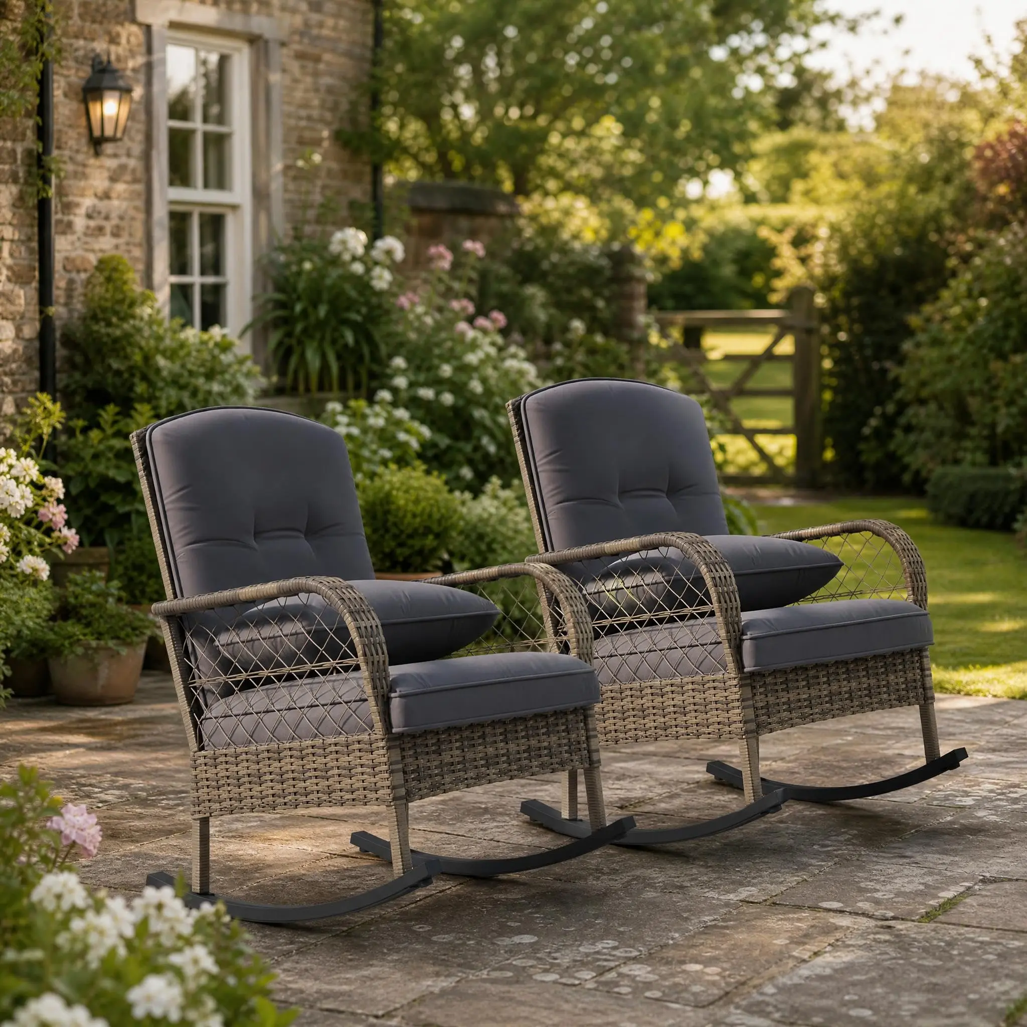 2 Piece Outdoor Rocking Chair Set – Wicker Patio Chairs with Cushions & Steel Frame, All-Weather Rattan Rocker for Garden Backyard Porch