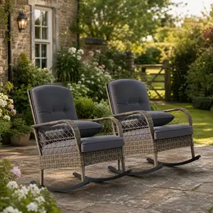 2 Piece Outdoor Rocking Chair Set – Wicker Patio Chairs with Cushions & Steel Frame, All-Weather Rattan Rocker for Garden Backyard Porch
