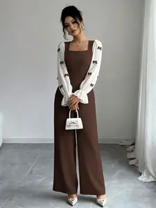A women's coffee-colored contrast splicing design sense square-neck white puffy-sleeve bow decoration flared cuff overalls, suitable spring and autumn, suitable for daily commuting and home wear, Tie Waist Jumpsuit