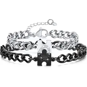 2-pcs Stainless Steel Diamond Studded Puzzle Couple Bracelet, Adjustable Chain, Suitable for Valentine's Day, Anniversaries, and New Year Holiday Gifts for Girlfriends and Boyfriends