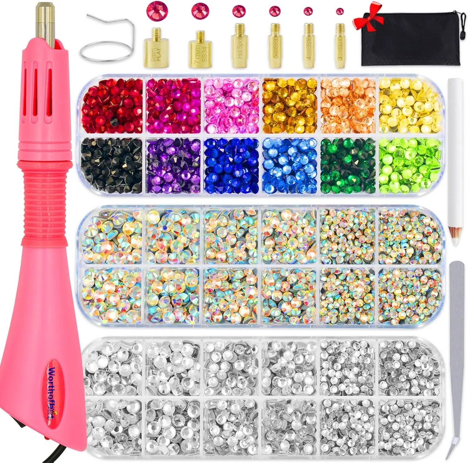 5000 AB & Clear Crystals,Hotfix Rhinestone Setter Tool Kit - Hot Fix Applicator Wand  5 3 Gem Sizes, Multiple Tips for Clothes, Fabric, Crafts (Nail Art Decoration Accessory)