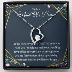 Maid Of Honor Heart Necklace with Meaningful Message Card, Thank You Gift for Bride