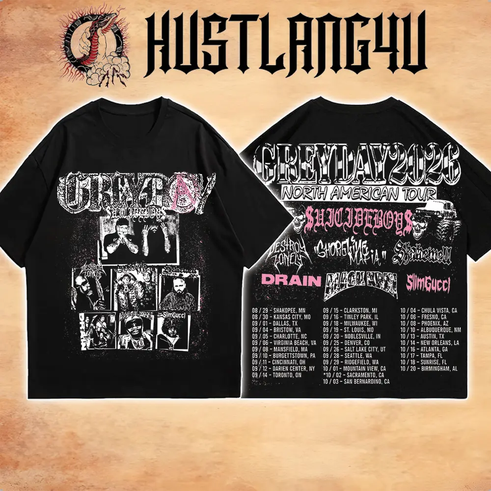 Hustlang4U Vintage Limited Edition $uicideboy$ Grey Day T-Shirt - G59 North American Tour 2026, Shakewell Plugg Retro 90s Bootleg Graphic, Acid Washed Heavyweight Cotton Hip Hop Concert Fan Gear Men's Unisex Oversized