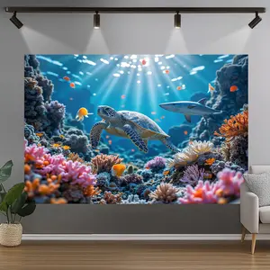 1pc Coral Kingdom Underwater Sea Turtle & Coral Reef Tapestry - Large Wall Hanging Banner with, Turtles, Fish & Marine Life for Weddings, Birthdays, Ocean Theme Parties - All-Season Decor (Vibrant Blue/Green/Pink