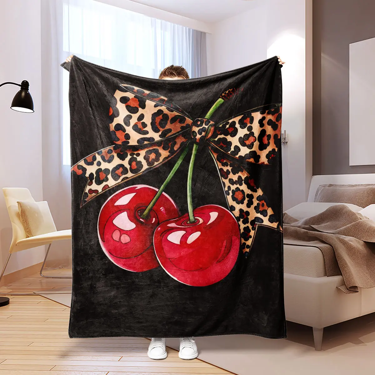 Leopard Cherry Pattern Fleece Blanket, Soft Skin-Friendly Warmth Cozy Blankets for Sofa Bed Office, All-Season Use, Low-Allergy and Gift, Leopard Print Blanket