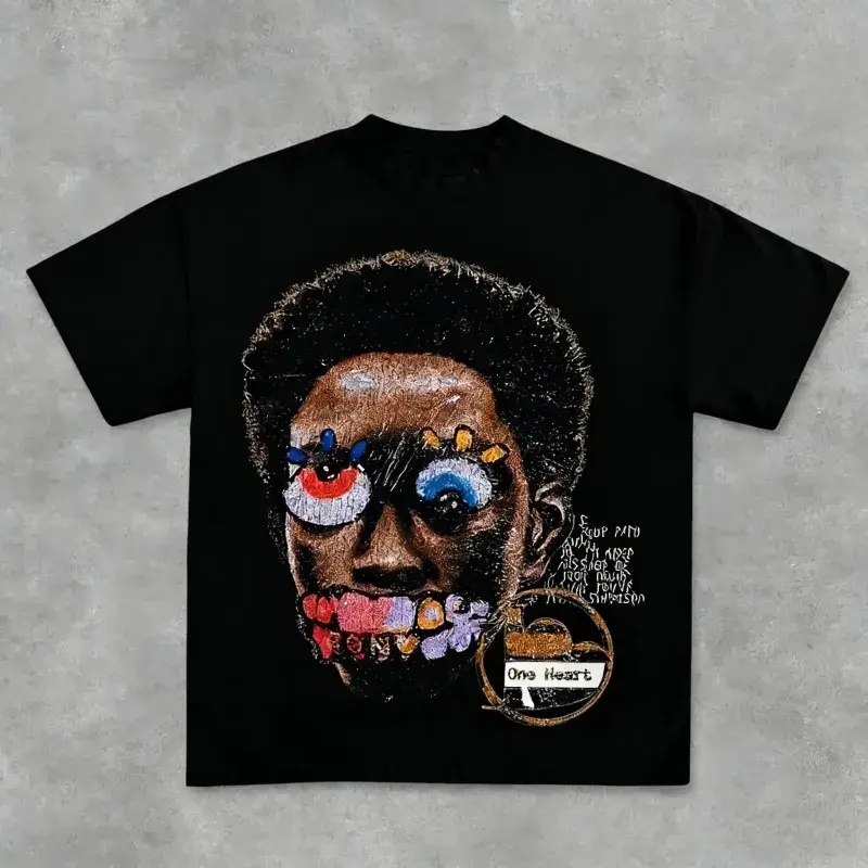 Abstract Graffiti Big Face One Heart Graphic Oversized T-Shirt Y2K Punk Gothic Hip Hop Streetwear Unisex Black Crewneck Cotton Tee For Harajuku Urban Daily Skate Casual Outfits
