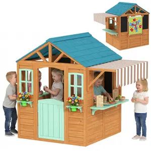 Qaba Outdoor Playhouse, Wood Kids Playhouse Cottage with Snack Bar, Half Door, Windows, Flowerpot Holders, Chalkboard, Tossing Game for Backyard, Imaginative Play, for Kids Age 3-6