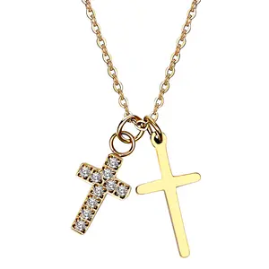 OIDEA Women Double Cross Necklace: Ladies Elegant Stainless Steel Faith Necklace with Adjustable Chain Sparkling Gold-Plated Zircon Necklace